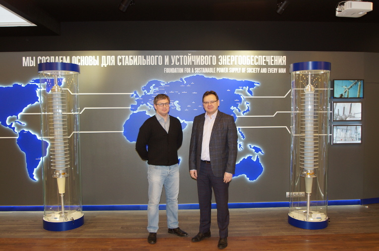 Artur Baklanov (L) and Oleg Bakulin at the conference hall of Izolyator plant