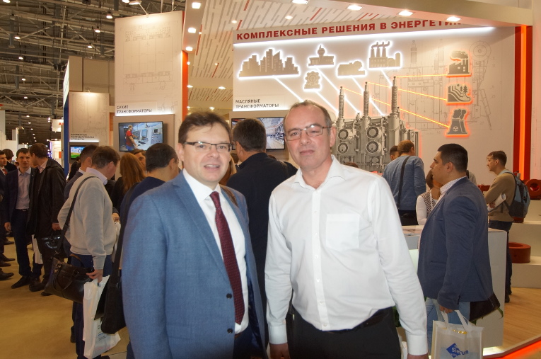 Business meetings at Electric Networks of Russia 2017: Oleg Bakulin (L) and Grigory Masin (Kubanenergo PJSC)