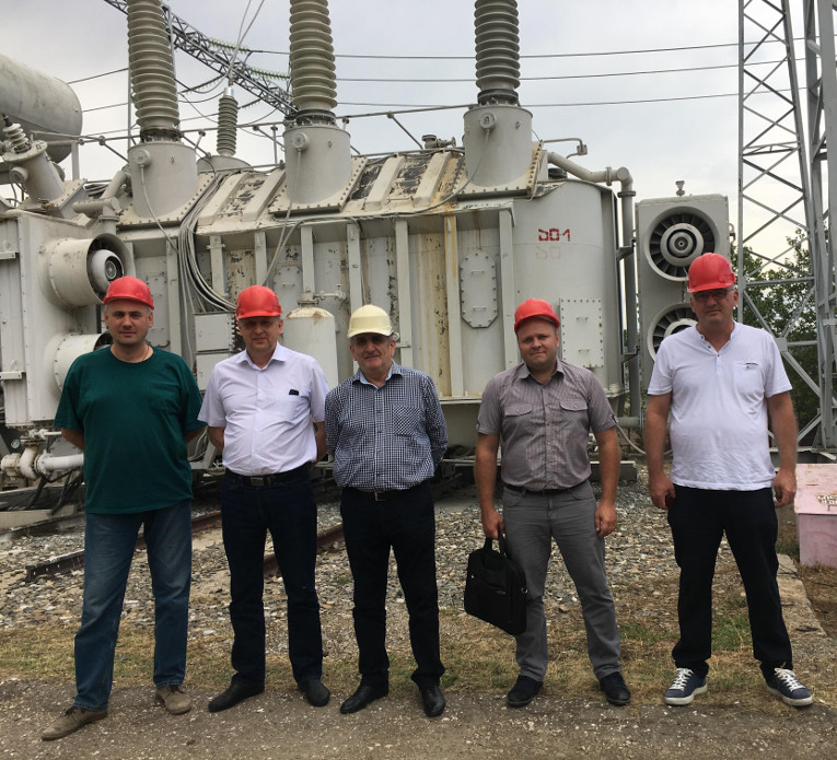 Workshop participants at 220 kV S/S Lisi, L-R: S/S Lisi Chief Davit Chkheidze, Konstantin Sipilkin, Head of Transformer Repair Service of GSE Nodar Gavasheli, Dmitry Mashinistov and Aetos Ltd’s Director Tamaz Sharikadze