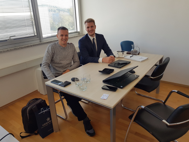 Senior Purchasing Manager of Kolektor Etra d.o.o. Miha Trczsan (L) and Yaroslav Sedov at the meeting at Kolektor Etra d.o.o. plant