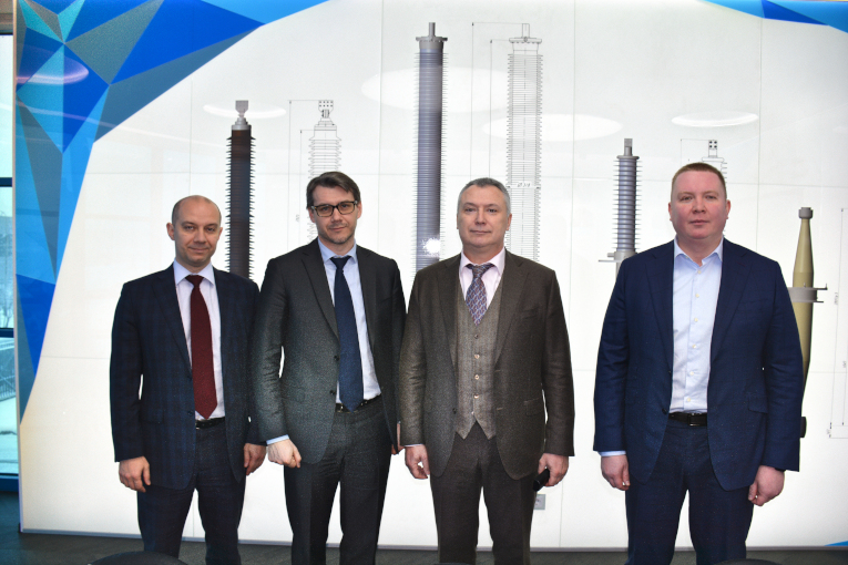 Participants of the meeting at Izolyator plant, L-R: Head of Dpt Innovations in Electrical Equipment Production at FGC UES Kirill Lunin, Director of International Cooperation Dpt at Rosseti Group Andrey Logatkin, Alexander Slavinsky and Ivan Panfilov