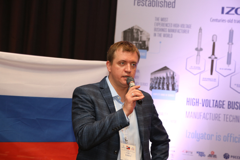 Head of International Business Development Department Andrey Shornikov with presentation on activities and achievements of Izolyator plant.
