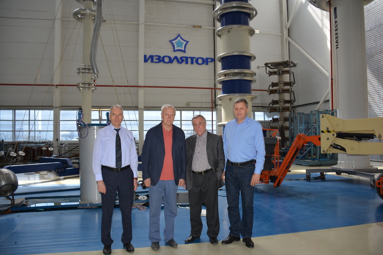 VNIIKP representatives at Izolyator test center, L-R: Director of Energy Cable and Wire Division Mikhail Shuvalov, Lev Makarov, PhD, Chief of cable fittings laboratory, Leading research associate Petr Fursev and Konstantin Sipilkin