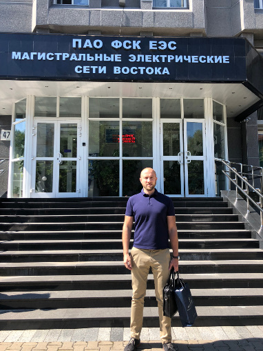 Alexander Savinov in front of the head office of MPS East in Khabarovsk