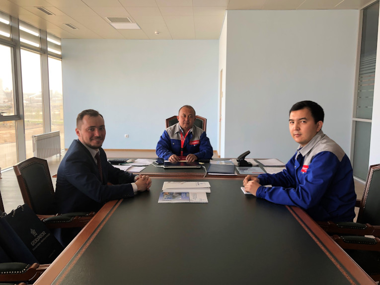 Negotiations at Asia Trafo in Kazakhstan, L-R: Dmitry Karasev, CTO of Asia Trafo Omar Asanov and Power Transformers Chief Designer of Asia Trafo Adilbek Tazhibaev