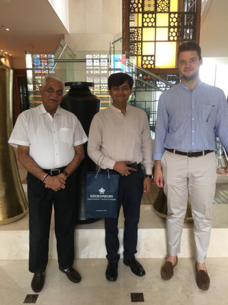 Participants of a business meeting at Transformers & Rectifiers (India) Ltd, an Indian transformer plant, L-R: Dr. Ashok Kumar Singh, Transformers & Rectifiers (India) Ltd. Senior Procurement Manager Vivek Raval and Dmitriy Orekhov