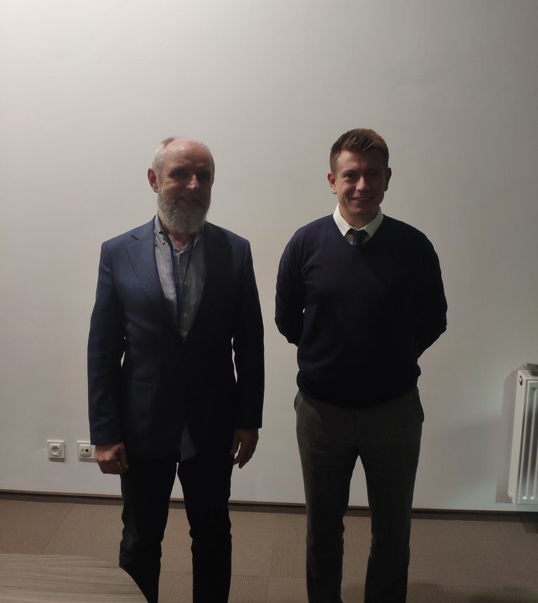 The owner of the Polish ZUT Energo Audit Miroslaw Zajac (L) and Alexander Znamenskiy at the company office in Radom in Poland