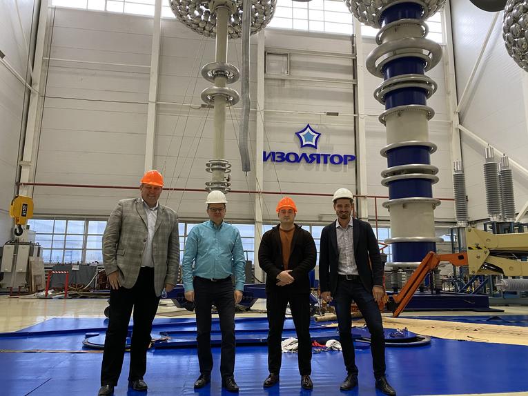 Specialists of Rosenergoatom Company in the test center of Izolyator plant, L-R: Chief Process Engineer of the Engineering Support Department of the Rosenergoatom Oleg Prorokov, Oleg Bakulin, Chief Specialist of the Procurement Department of the Rosenergoatom Yakov Gorshenin and Maxim Zagrebin